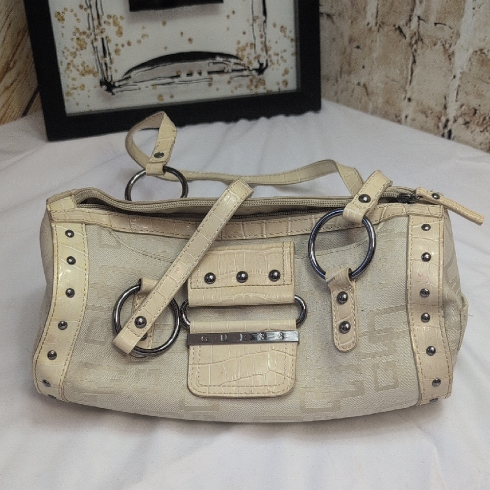 Guess Cream Color Vintage Shoulder Bag with Silver/Rose Gold Logo And Clasps